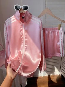 Comfortcana Women's Colorblock Striped Casual Jacket And Elastic Waist Sporty Shorts 2 Pieces Set - Pink - View 5