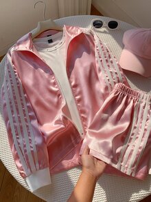 Comfortcana Women's Colorblock Striped Casual Jacket And Elastic Waist Sporty Shorts 2 Pieces Set - Pink - View 3