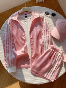 Comfortcana Women's Colorblock Striped Casual Jacket And Elastic Waist Sporty Shorts 2 Pieces Set - Pink - View 6