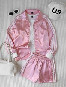 Comfortcana Women's Colorblock Striped Casual Jacket And Elastic Waist Sporty Shorts 2 Pieces Set - Pink - View 1