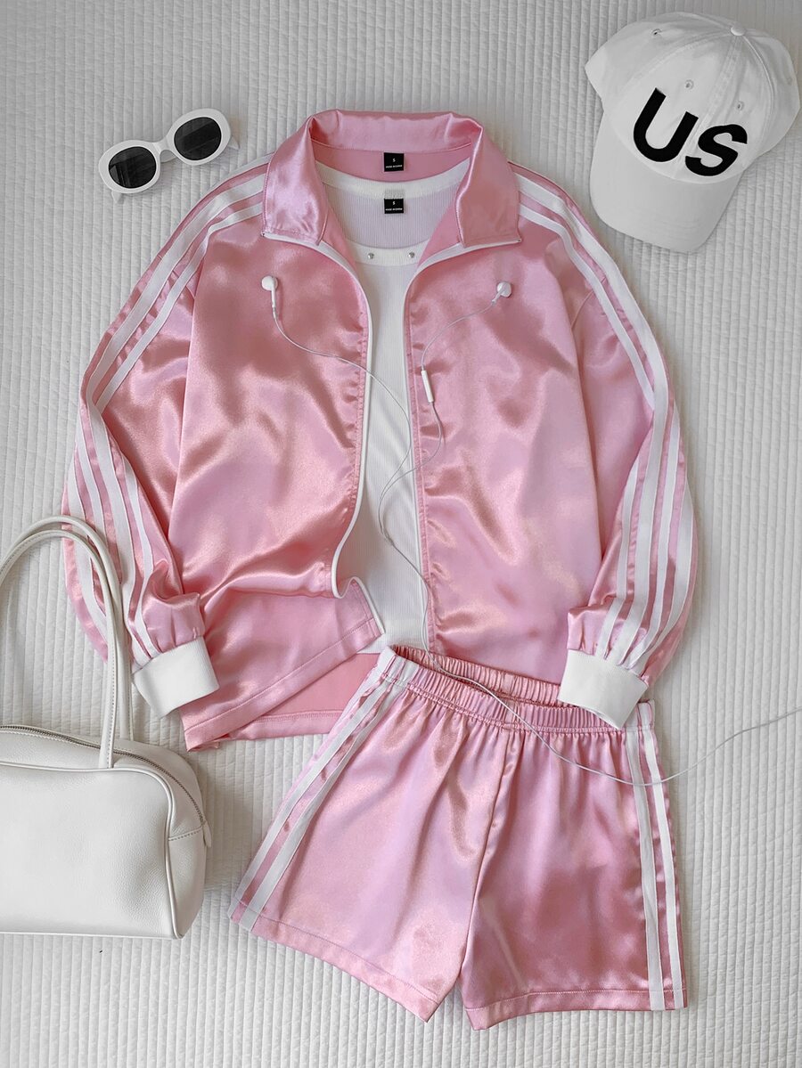 Comfortcana Women's Colorblock Striped Casual Jacket And Elastic Waist Sporty Shorts 2 Pieces Set - Pink - View 1