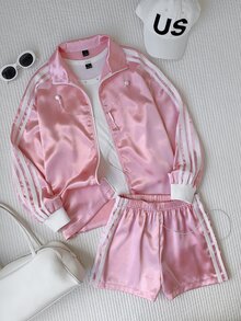 Comfortcana Women's Colorblock Striped Casual Jacket And Elastic Waist Sporty Shorts 2 Pieces Set - Pink - View 4