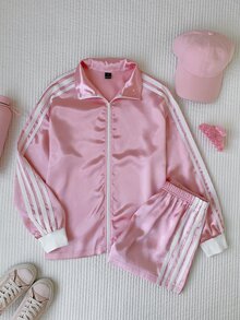 Comfortcana Women's Colorblock Striped Casual Jacket And Elastic Waist Sporty Shorts 2 Pieces Set - Pink - View 7