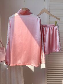 Comfortcana Women's Colorblock Striped Casual Jacket And Elastic Waist Sporty Shorts 2 Pieces Set - Pink - View 2