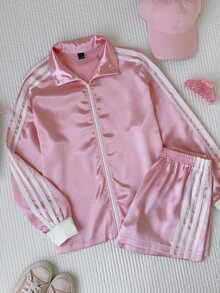 Comfortcana Women's Colorblock Striped Casual Jacket And Elastic Waist Sporty Shorts 2 Pieces Set - Pink - View 8