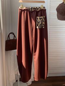 Comfortcana Women's Letter Leopard Print Embroidered Drawstring Waist Casual Loose Sweatpants - Brown - View 2