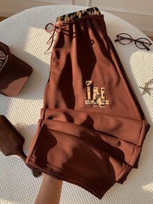 Comfortcana Women's Letter Leopard Print Embroidered Drawstring Waist Casual Loose Sweatpants - Brown - View 4