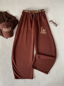 Comfortcana Women's Letter Leopard Print Embroidered Drawstring Waist Casual Loose Sweatpants - Brown - View 1