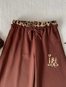 Comfortcana Women's Letter Leopard Print Embroidered Drawstring Waist Casual Loose Sweatpants - Brown - View 5