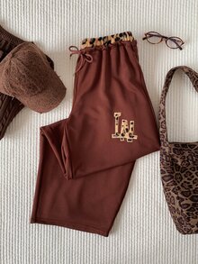 Comfortcana Women's Letter Leopard Print Embroidered Drawstring Waist Casual Loose Sweatpants - Brown - View 6