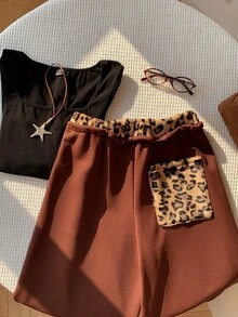 Comfortcana Women's Letter Leopard Print Embroidered Drawstring Waist Casual Loose Sweatpants - Brown - View 3