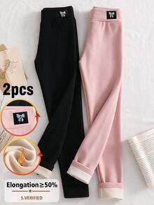 SHEIN 2件裝女童蝴蝶刺繡圖案緊身褲，天鵝絨面料，適合休閒日常穿著，秋冬季 - 彩色 - 查看 2