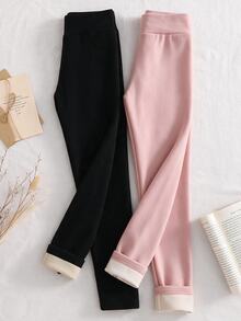 SHEIN 2件裝女童蝴蝶刺繡圖案緊身褲，天鵝絨面料，適合休閒日常穿著，秋冬季 - 彩色 - 查看 3