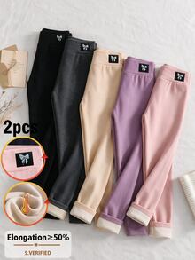 SHEIN 2件裝女童蝴蝶刺繡圖案緊身褲，天鵝絨面料，適合休閒日常穿著，秋冬季 - 彩色 - 查看 7
