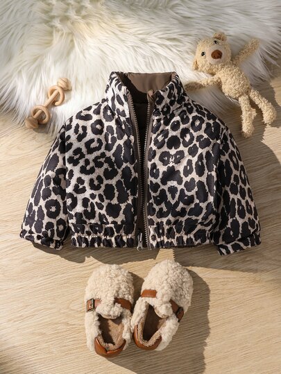 SHEIN 1pc Toddler Baby Girls Puffer Jacket Cute Sweet Brown Leopard Print Quilted Zipper Long Sleeve High Neck Thick Outdoor Winter Holiday Activity