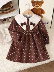 小女孩秋季服飾 燈芯絨棕色洋裝 長袖上衣 大領結 開學秋季套裝 小女孩 嬰兒洗禮 生日公主 - 棕色 - 查看 3