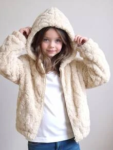 SHEIN Girls' Autumn/Winter Casual Apricot Plush Short Jacket With Zipper Front, Jacquard Heart & Striped Design, Cute Hooded Cardigan - Apricot - View 9
