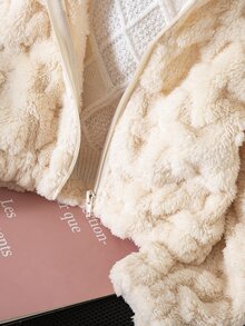 SHEIN Girls' Autumn/Winter Casual Apricot Plush Short Jacket With Zipper Front, Jacquard Heart & Striped Design, Cute Hooded Cardigan - Apricot - View 5
