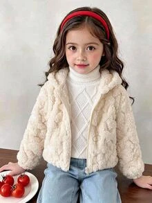 SHEIN Girls' Autumn/Winter Casual Apricot Plush Short Jacket With Zipper Front, Jacquard Heart & Striped Design, Cute Hooded Cardigan - Apricot - View 7