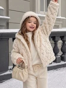 SHEIN Girls' Autumn/Winter Casual Apricot Plush Short Jacket With Zipper Front, Jacquard Heart & Striped Design, Cute Hooded Cardigan - Apricot - View 8