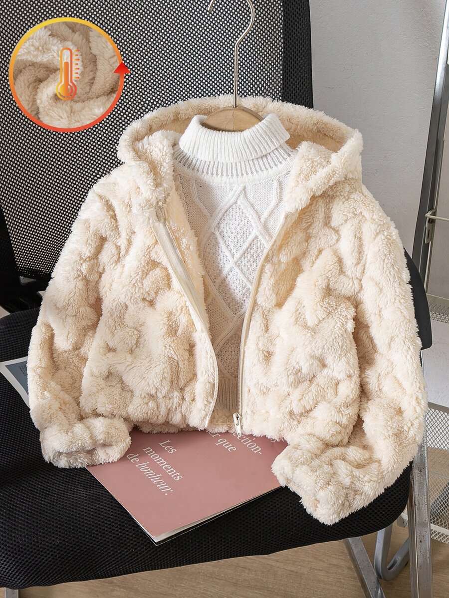 SHEIN Girls' Autumn/Winter Casual Apricot Plush Short Jacket With Zipper Front, Jacquard Heart & Striped Design, Cute Hooded Cardigan - Apricot - View 1
