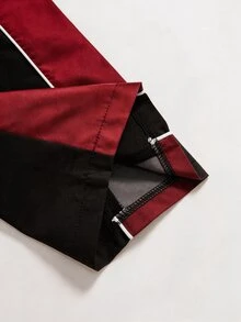 青少年男孩高街時尚拼色拼接黑白滾邊刺繡梭織直筒長褲，對比繩飾設計，秋季校園運動風 - 紅色 - 查看 6