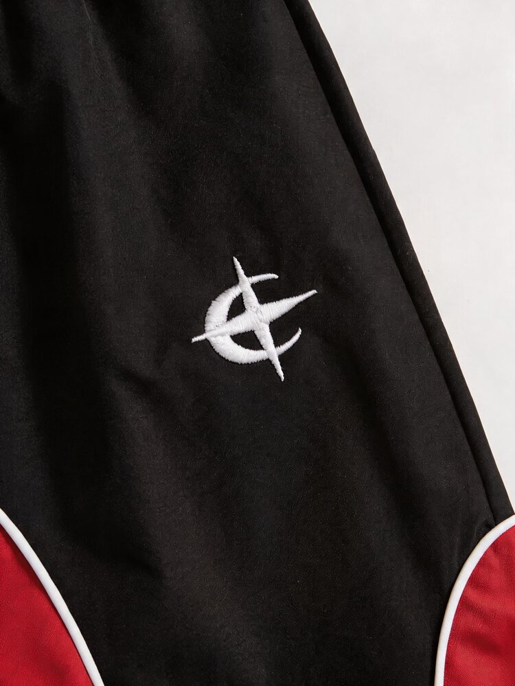 Tween Boys High Street Fashion Color Block Patchwork Black And White Trim Embroidered Woven Straight Leg Pants Contrast Rope Design Fall School Sport - Red - View 5