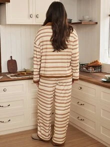Doze Lane White Ribbed Polo Collar Ribbed Long Sleeve Loose Wide Leg Pants Plus Size Pajama Set Night Bridal Fall - Multicolor - View 2
