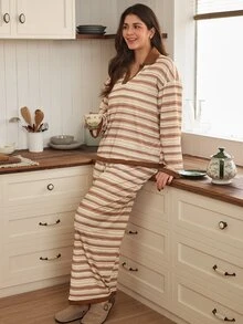 Doze Lane White Ribbed Polo Collar Ribbed Long Sleeve Loose Wide Leg Pants Plus Size Pajama Set Night Bridal Fall - Multicolor - View 1