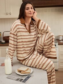Doze Lane White Ribbed Polo Collar Ribbed Long Sleeve Loose Wide Leg Pants Plus Size Pajama Set Night Bridal Fall - Multicolor - View 4