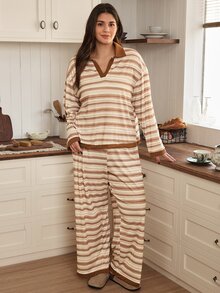 Doze Lane White Ribbed Polo Collar Ribbed Long Sleeve Loose Wide Leg Pants Plus Size Pajama Set Night Bridal Fall - Multicolor - View 6