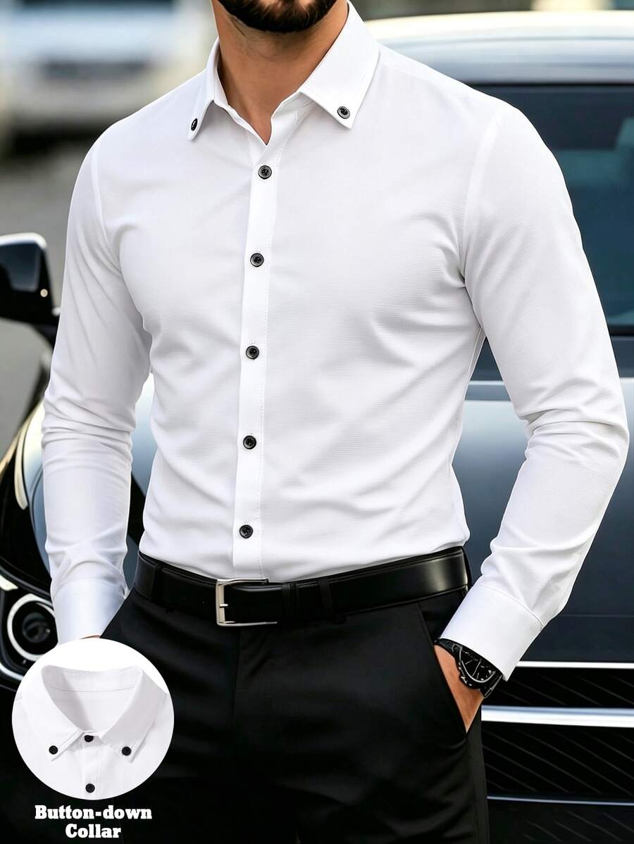 Manfinity Mode Men's White Wrinkle-Resistant Woven Jacquard Shirt, Turn-Down Collar Button-Up Business Casual Long Sleeve Shirt - White - View 1