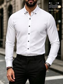 Manfinity Mode Men's White Wrinkle-Resistant Woven Jacquard Shirt, Turn-Down Collar Button-Up Business Casual Long Sleeve Shirt - White - View 6