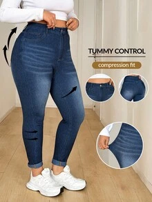 Flexra Festival Plus Size Women's Blue Stretch Skinny Cuffed Ankle-Length Jeans - Dark Wash - View 4