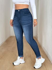 Flexra Festival Plus Size Women's Blue Stretch Skinny Cuffed Ankle-Length Jeans - Dark Wash - View 5