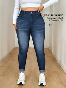 Flexra Festival Plus Size Women's Blue Stretch Skinny Cuffed Ankle-Length Jeans - Dark Wash - View 3