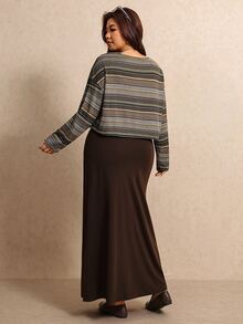 Elaquor Plus Size Women's Striped Asymmetrical Shoulder Long Sleeve T-Shirt And Tank Dress Casual 2 Pieces Set Casual Office Work Sets For Women Fall/Winter - Multicolor - View 2