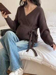 DAZY Solid Color Loose Fit Asymmetrical Collar Tie Long Sleeve Knit Cardigan Daily Vacation Korean Style Autumn Winter Maternity - Mocha Brown - View 4
