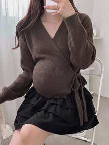DAZY Solid Color Loose Fit Asymmetrical Collar Tie Long Sleeve Knit Cardigan Daily Vacation Korean Style Autumn Winter Maternity - Mocha Brown - View 5