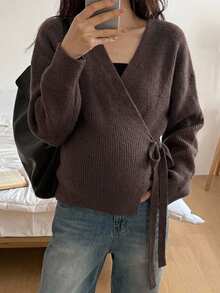 DAZY Solid Color Loose Fit Asymmetrical Collar Tie Long Sleeve Knit Cardigan Daily Vacation Korean Style Autumn Winter Maternity - Mocha Brown - View 3