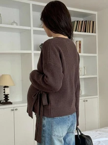 DAZY Solid Color Loose Fit Asymmetrical Collar Tie Long Sleeve Knit Cardigan Daily Vacation Korean Style Autumn Winter Maternity - Mocha Brown - View 2