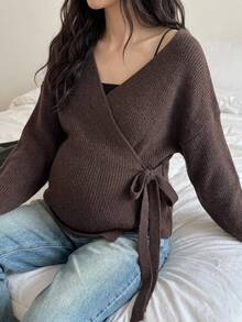 DAZY Solid Color Loose Fit Asymmetrical Collar Tie Long Sleeve Knit Cardigan Daily Vacation Korean Style Autumn Winter Maternity - Mocha Brown - View 1