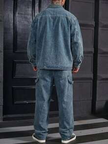 DAZY 男士短袖襯衫與短褲藍色水洗做舊牛仔套裝 - 藍色 - 查看 2
