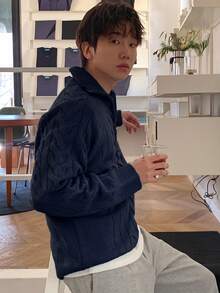 DAZY 秋冬款男士海軍藍半拉鍊開襟針織衫 - 藍色 - 查看 4