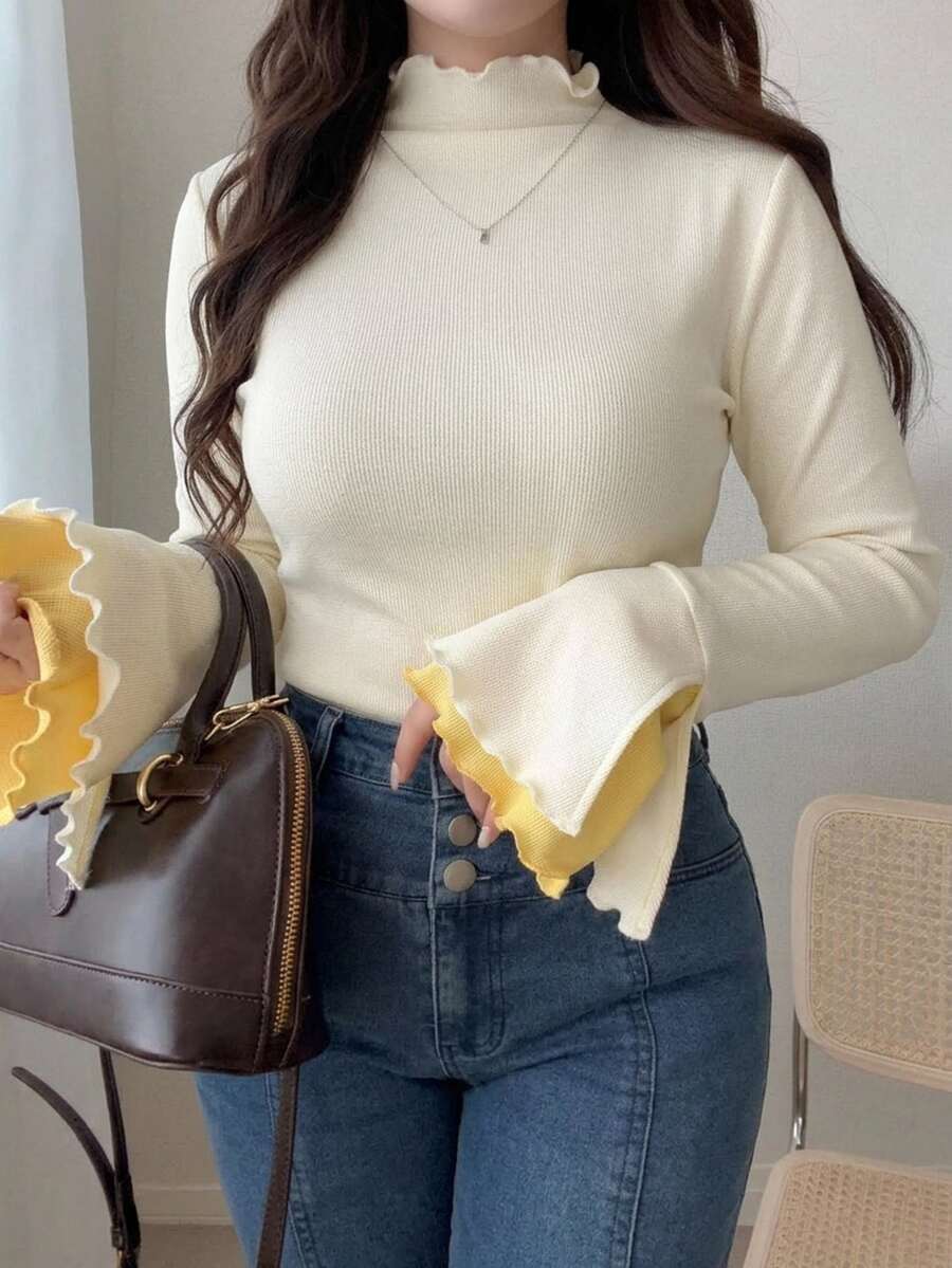 Dazy Plus Women's Loose Fit Long Sleeve T-Shirt With Wavy Wood-Ear Trim And Color-Block Striped Edges, Spring/Autumn Casual Top - White - View 1