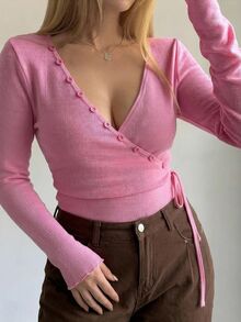 Dazy Plus 女款深V領長袖基礎層粉色優雅性感休閒T恤，洋紅色不對稱前領繫帶設計，適合外出夜生活秋季穿著 - 粉色 - 查看 4