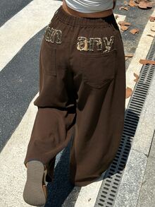 Dazy Plus Solid Brown Versatile Korean Style Casual Cargo Loose Long Curved Leg Denim Jeans Beach Club Fall - Brown - View 7
