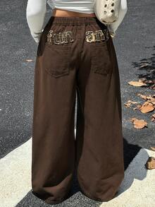 Dazy Plus Solid Brown Versatile Korean Style Casual Cargo Loose Long Curved Leg Denim Jeans Beach Club Fall - Brown - View 8
