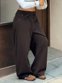 Dazy Plus Solid Brown Versatile Korean Style Casual Cargo Loose Long Curved Leg Denim Jeans Beach Club Fall - Brown - View 4