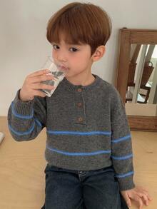 Dazy Kids 小男孩鈕扣半開襟條紋落肩長袖休閒針織衫 - 深灰色 - 查看 4